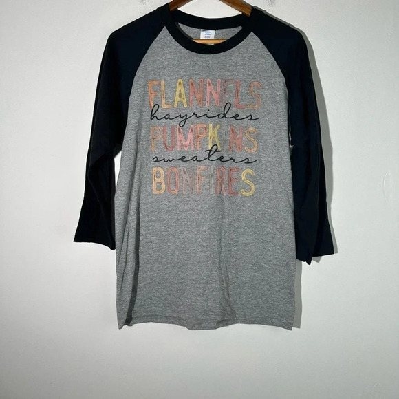 Flannels Pumpkins Bonfires Raglan Tee Shirt - Picture 3 of 4